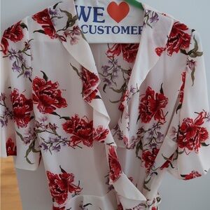 1. State White Floral Ruffle Wrap Blouse with Red Flowers
